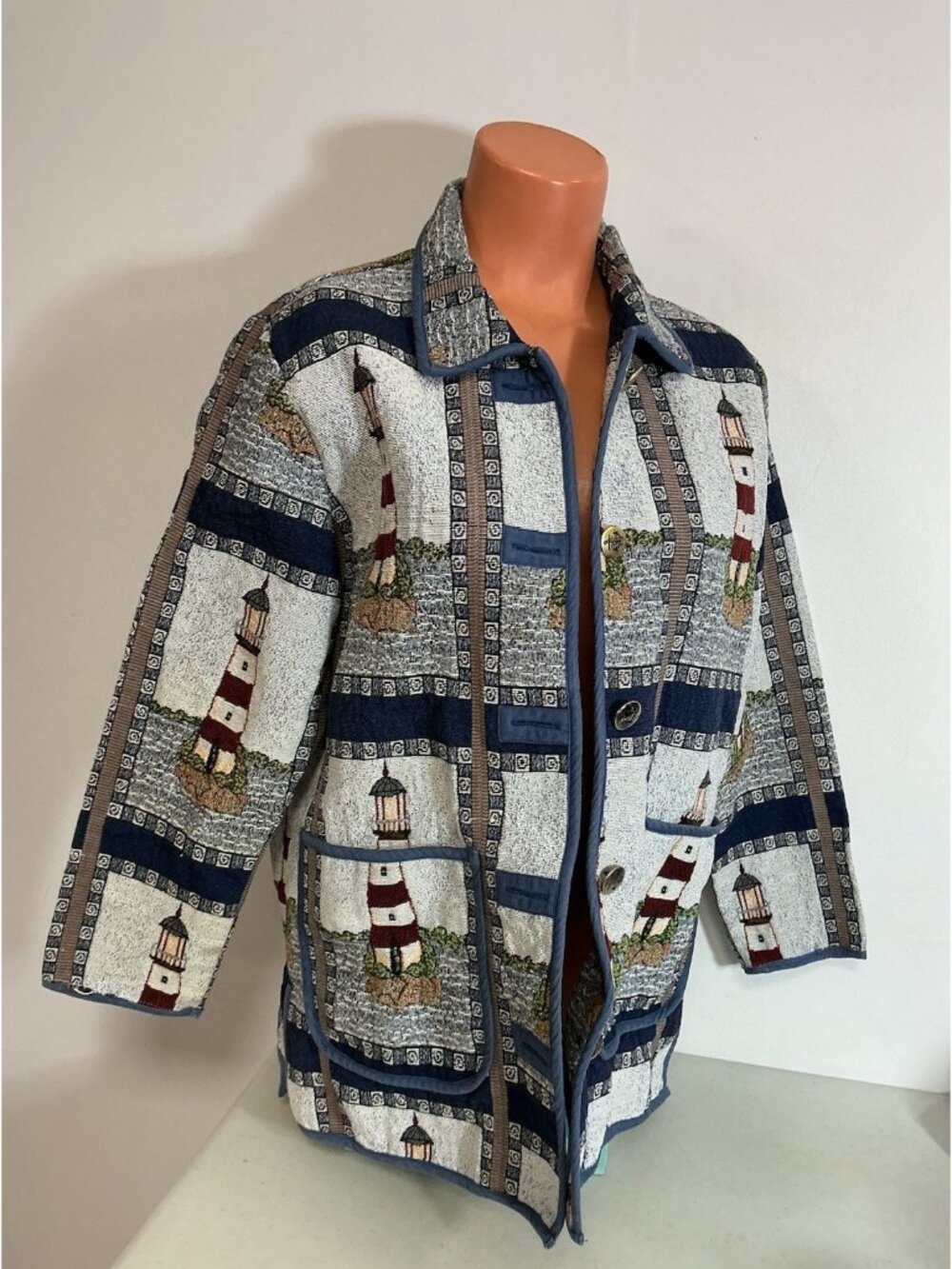 Vintage Tapestry Coat Lighthouse Jacket Womens Medium